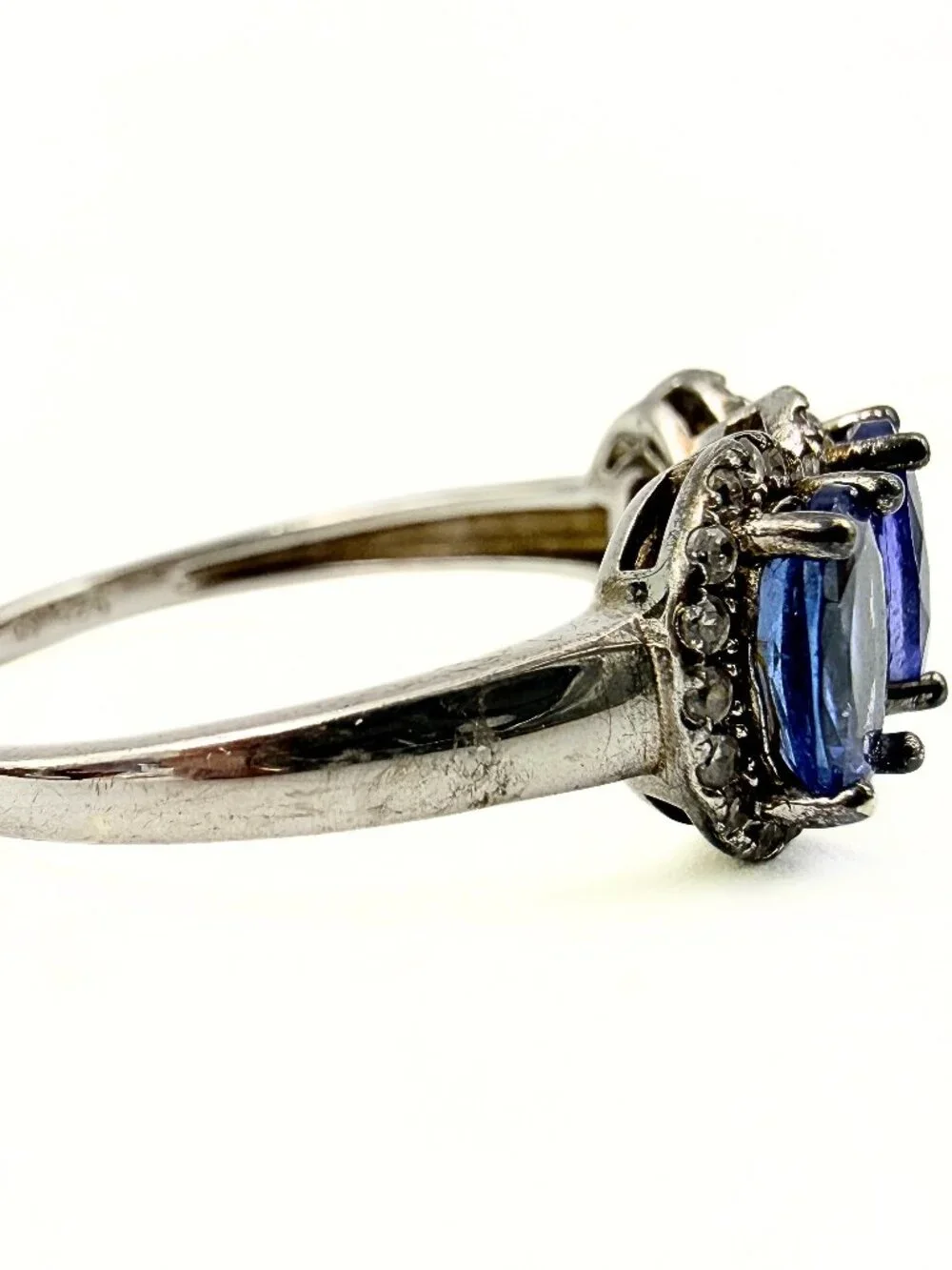 Classic Marked SD Three Stone Halo Amethyst Sterling Silver CZ Trilogy Ring Sz11